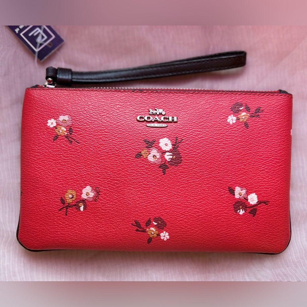 *SOLD* COACH Large Floral Baby Bouquet Red Wristlet w/ Silver Hardware